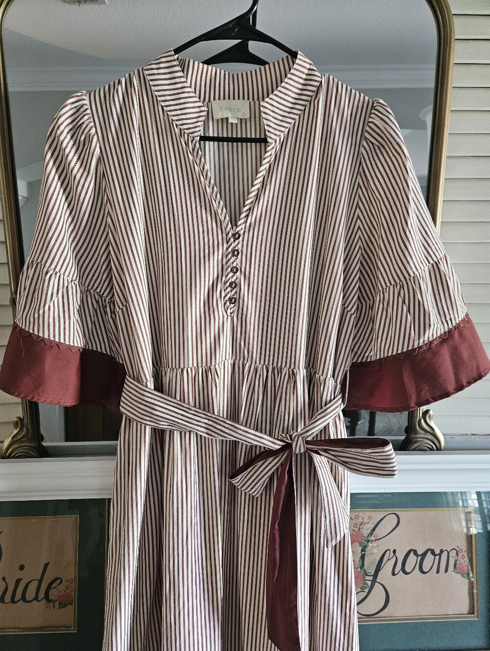 Entro Burgundy & Ivory Striped Tiered Midi Dress | Size Large | NWOT - Picture 2 of 13